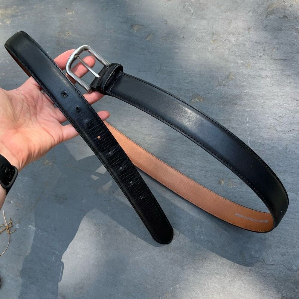 L.L.Bean Black Full Grain Leather Belt Sz 46 USA Silver Buckle 42–49"